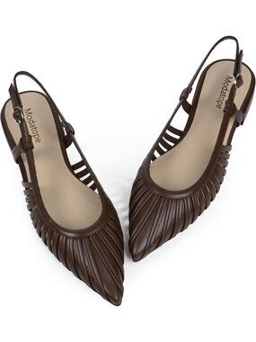 Women's Brown Slingback Pointed Toe Ballet Flats Classic Low Heel Sandals Shoes